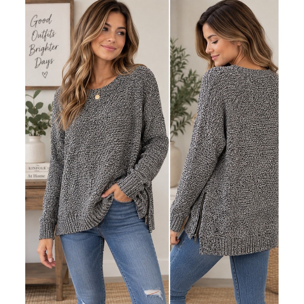 Madewell Landmark Texture Sweater M Black White Marled Side Zip Hi Low E8635